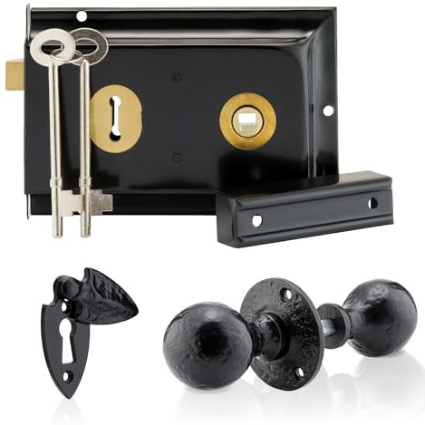 XFORT Smithy's Range Knauf-Set mit kugelförmigem Rand, schwarz antik, komplett mit einem Felgenschloss, einem Türknauf mit rundem Rand und einem Schild mit Schlüssellochabdeckung