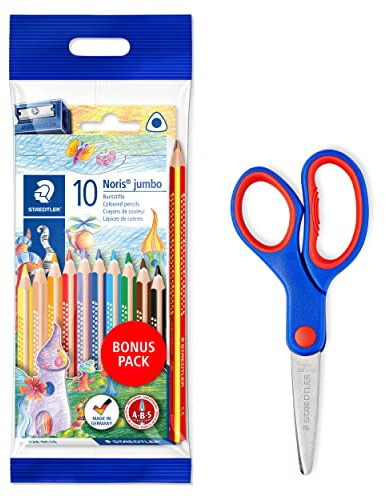 STAEDTLER dicke Buntstifte Noris jumbo in Dreikantform und Bastelschere Noris Club mit gerundeten Klingen, 10 Buntstifte inkl. Spitzer, Regenbogenstift und 14cm Schere, 61 SET8P1X