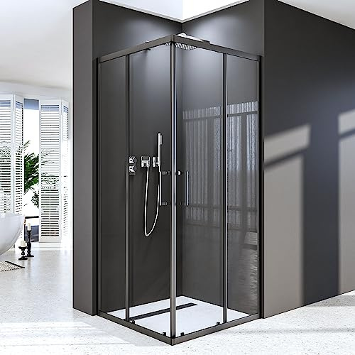 Duschkabine 90x90cm Schwarz Duschabtrennung Eckeinstieg Doppel Schiebetür Dusche Duschwand 6mm ESG Glas Höhe 185cm Duschtür