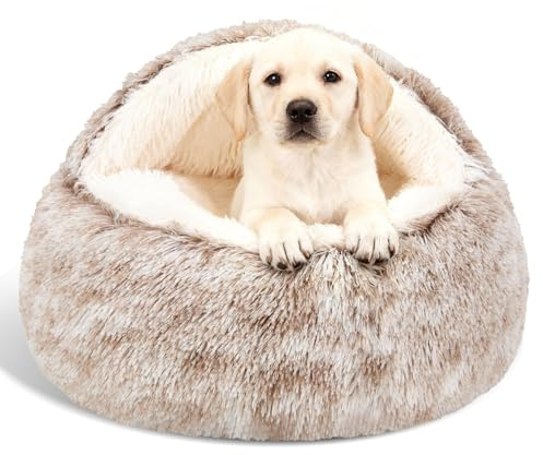 Calming Dog Beds & Cat Cave Bed with Hooded Cover,Removable Washable Round Beds for Small Medium Pets,Anti-Slip Faux Fur Fluffy Coved Bed for Improved Sleep,Fits up to 15/25 lbs(Medium,24x24)