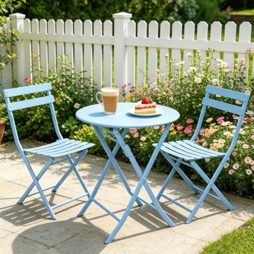 xixi-home Set med trädgårdsbord och stol, 3 delar, bistro-set för utomhusbruk, lätt, vikbart bordsstolsset, bistroset, för uteplats, gård, trädgård, utomhusgräsmatta (blå)