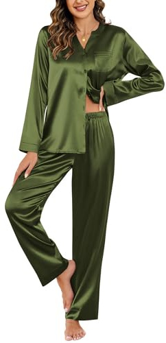 Ekouaer Satin Pjs For Women Button Up 2 Piece Pajama Set Long Sleeve Loungewear Silk Two Piece Sleep Set with Pockets Army Green
