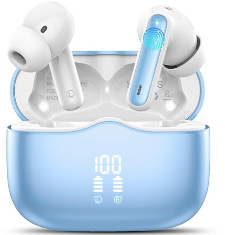 xinwld Auriculares Inalambricos, Auriculares Bluetooth 5.3 In Ear con 4 ENC Mic, Pantalla LED Doble Cascos Inalambricos HiFi Estéreo, In-Ear Earbuds Deportivos IP7 Impermeable, 40H, USB-C, Cielo Azul