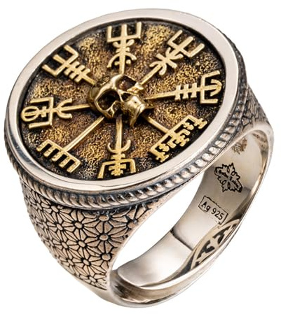 Zweifarbiger 925 sterling silber wikinger kompass vegvisir und totenkopf ring runder siegelring nordischer schmuck für herren verstellbar