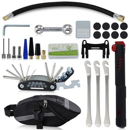 LEONTOOL Bicycle Repair Tools Kit with Saddle Bag, Mini Bike Pump, Multitool, Tire Levers and Patches - Emergency Essentials for Mountain Bike, Camping, Travel