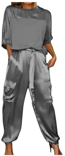 Damen-Set aus glattem Satin mit halben Ärmeln, Oberteil und Hose. Lässiges Sommer-Pyjama-Set aus Satin für Damen Anzug (Grey, XL)