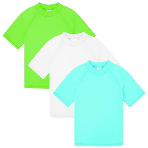 BIG ELEPHANT 3-delad anti-UV-bad/pojke kortärmad baddräkt barn rashguard för surfing simning dykning strand, Fluo grön/vit, 14-16 ans