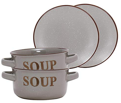 Soup Bowl & Bread Plate Crockery Set for 2 Dinner Set (Grey) | Dishwasher Safe, Microwave Safe, Stoneware Dinner Set, Embossed Text Design, Handles, Speckled Finish