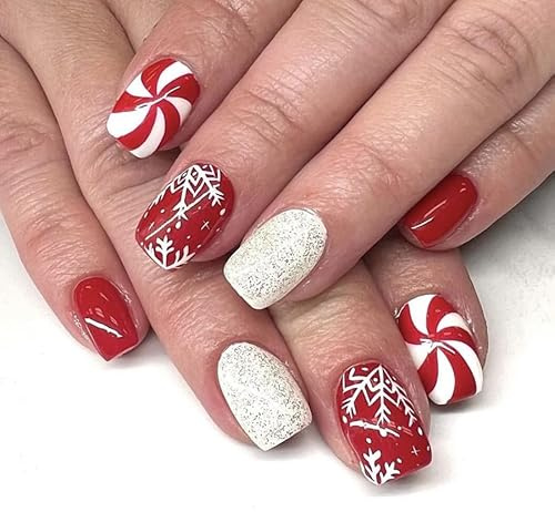 Resweky 24 Pcs Noël Faux Ongles Rouge Français Carré - Bonbons Moyenne Longueur Pleine Couverture pour Femmes et Filles