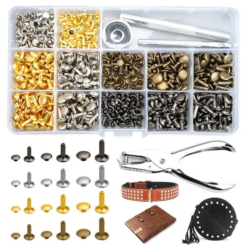 240 Set Leder Nieten Set, 12mm 8mm 6mm Doppelkappe Ledernieten Metallnieten Set, 4 Farben Nieten für Leder, Hohlnieten für DIY Leder Handwerk Kleidung Tasche Schuhe Gürtel, Leder Nieten Doppelkappe