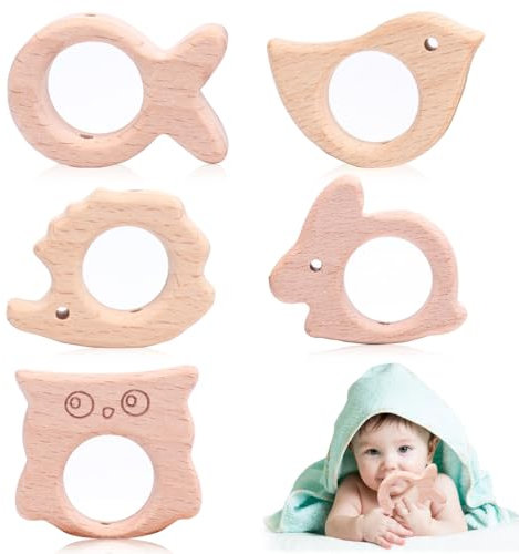 AEIOPRS 5 Pcs Baby Beißring Holzfiguren Natürliche Holz Ringe für Kinderkrankheiten Handgefertigtes Anhänger Kit für DIY Schmuck Handwerk