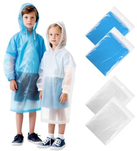 GAOHUI 4 Pack Disposable Rain Ponchos for Kids - Emergency Kids Ponchos with Hood, Kid Rain Poncho for Outdoor, Theme Park Essentials, Hiking