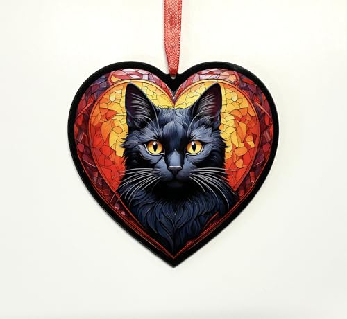 Black Cat Heart Suncatcher - Memorial or Gift for Cat Lovers - 13cm