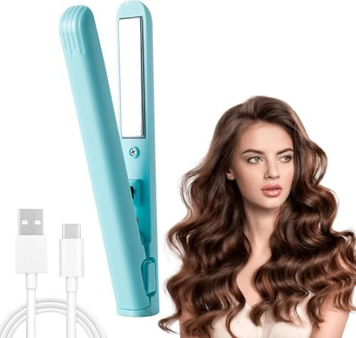 PZCC Mini à Friser et Fer Plat, Bigoudis Chauffant, Portable Fer A Boucler, Interface USB Rechargeable, Convient à Tous Les Types de Cheveux pour GarçOns et Filles (Bleu)