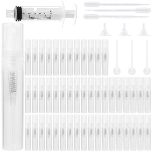 Cotchen 50Pcs Mini Spray Bottle 3ml, Small Travel Perfume Bottle Refillable with 10 Tools, Clear Plastic Small Atomizer Empty, Fine Mist Perfume Sample Spray Bottle for Travel Essential Oil Perfumes