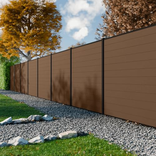 PERENZA Kit Cloture Composite RIO bronze 5,5x1,8m - Bois composite & Aluminium - Poteaux Noir - Recoupable - Occultation - Brise vue