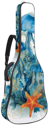 Tasche für Akustikgitarren, weiche Gitarrentasche mit 2 Taschen und Schlaufe zum Aufhängen auf der Rückseite, für 101,6 cm, 104,7 cm, 106,7 cm, klassische Gitarren, Aquarell, Quallen, Blaualgen mit