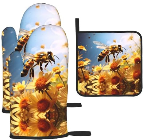 WZYWHJ Flying Bees Lot de 3 maniques à motif marguerites et miel – Tissu épais, durable et imperméable pour la protection contre la chaleur