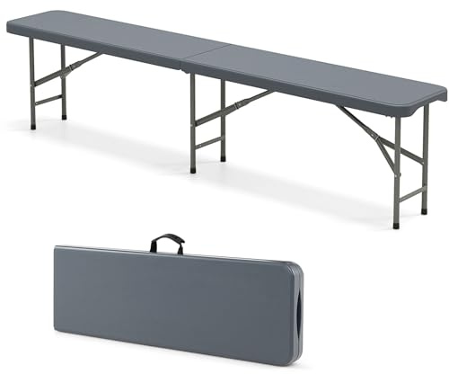 KOMFOTTEU Klappbare Bierbank, Bierzeltbank mit Tragegriff, Gartenbank aus HDPE mit Metallrahmen, Klappbank bis 300/600 kg, Sitzbank für Garten, Veranda, Terrasse (180x30x43 cm, Grau)