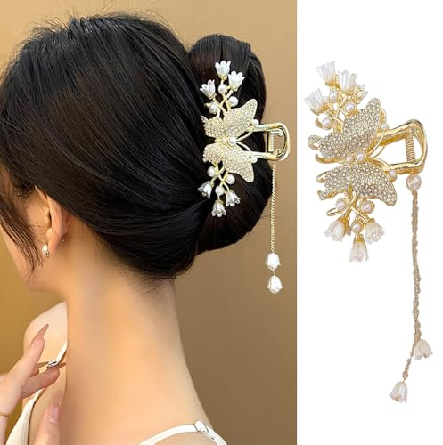 1 paquete de pinzas para el pelo con forma de mariposa grande, de metal y doradas, con cristales de imitación y diseño de borlas de perlas de lirio de los valles, antideslizantes.