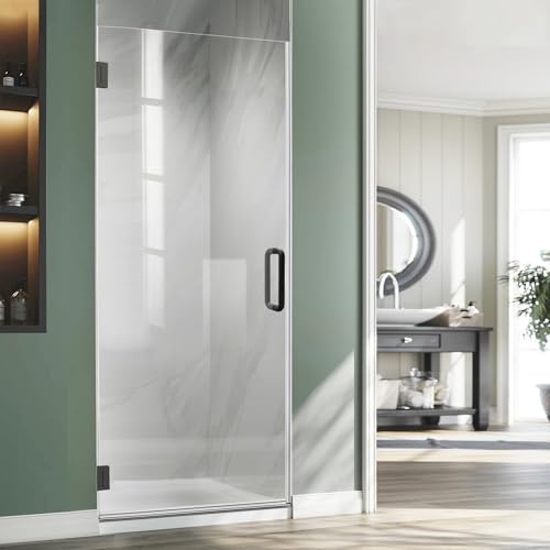 Frameless Shower Door, 28 W X 76 H Single Swing Hinged Shower Door, 5/16 (8mm) Bathroom Glass Door in Matte Black, Clear Tempered Glass Pivot Shower Door with Handle and Seal Strip