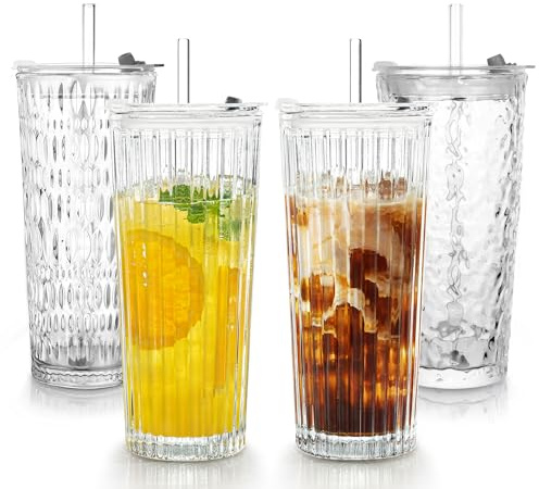 Puraville 4 Pack 550ml Glass Cups with Lids and Straws, Clear | Vintage Pattern Thickened Glassware for Whiskey Cocktail Beer, Mason Jar Drinking Glasses Tumbler Iced Coffee Cup