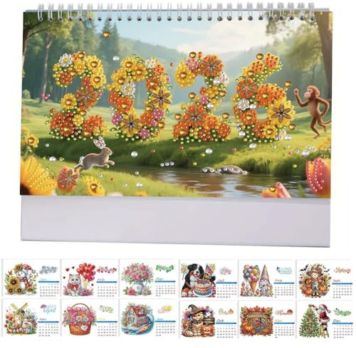 Diamond Art Calendar 2026, DIY Diamond Art Painting Standing Desk Calendar Monthly Flip Desktop Calendar from Jan 2026 to Dec, Calendar for Home Office DIY Craft Gift