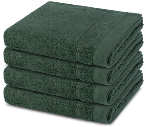 Ross Rubin 4er Set Handtücher 50x100 cm – Hochwertiger Walkfrottee 480 g/m², 100% Baumwolle, Weich & Saugstark, Dezente Kordelborde mit Sticklogo – Pflegeleicht & Langlebig - Tannengrün