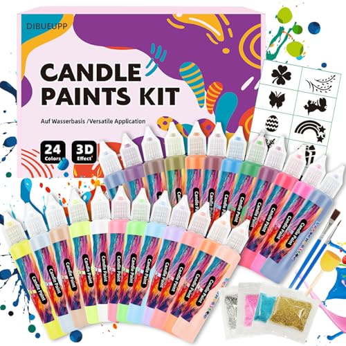 Kerzenstifte 24 Stück Farben,Kerzen Bemalen Set,Selber Machen Set,Wachsstifte für Kerzen,mit Feiner Glitzer,Einer Bürste,Kerzentatoos,für Gestalten und Dekorieren Candle(24 Farben,10ml)