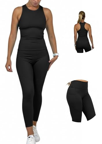 Ballandoro Set med träningsleggings för kvinnor – push-up-leggings och sporttoppar, Rökig svart, XXL