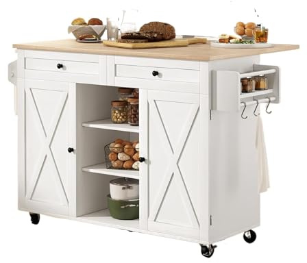 Carrello mobile da cucina a isola su ruote, con piano di lavoro a ribalta, tavolo e contenitore, versatile mobile da cucina bianco per piccoli spazi