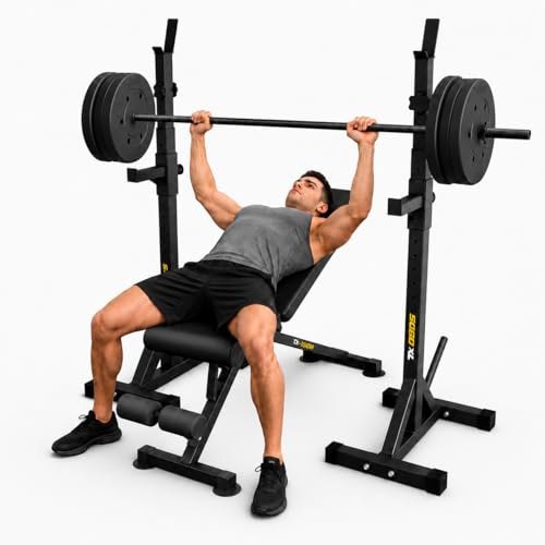 Trex Sport Hantelbank mit Gewichten Set 28-66 kg | Klappbare Trainingsbank mit verstellbarem Hantelablage und Sicherheitsablage | Langhantelstange für Bankdrücken | Hantelscheiben Set