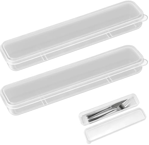 Lunhoo 2 Pack Portable Flatware Storage Case, Plastic Cutlery Storage Box with Lid, Travel Tableware Utensil Case for Office School Camping (Transparent)