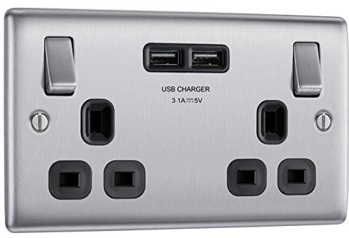 BG Electrical Double Switched Fast Charging Power Socket with Two USB Charging Ports
