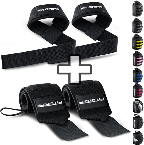 Fitgriff® Handledsbandage dragstöd (set) – för fitness, styrketräning och bodybuilding – för kvinnor och män (Black)