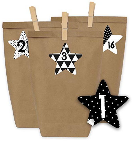 Papierdrachen Adventskalender 2025 zum Befüllen - 24 Geschenktüten und 24 Zahlenaufkleber und Klammern - Motiv Schwarze Sterne - zum Befüllen und Basteln - Weihnachten - Mini Set Nr 40