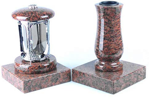 designgrab Grablampe aus verchromtem Aluminium und Grabvase und 2 Stück Sockel eckig in Granit Vanga