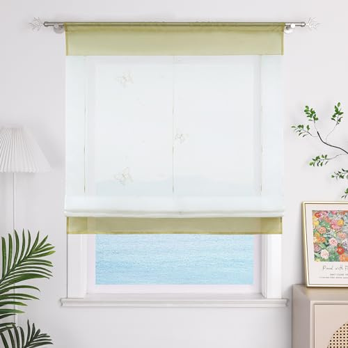 ESLIR Raffrollo Küche Raffgardine mit Tunnelzug Gardinen Transparent Bändchenrollo mit Schmetterling Bestickt Voile Sand BxH 80x100cm 1 Stück