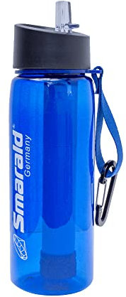 Smarald Trinkflasche Filterflasche mit eingebautem 2-Stufen- Wasserfilter inkl. 0,2 µm Keimsperre, Reisefilter, Wanderflasche, aus Tritan, BPA-frei mit Kompass