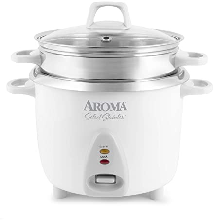 Aroma Husgeråd 14-kupa (tillagad) / 3Qt. Välj riskokare i rostfritt grytstil, och ångkokare med en knapptryckning, automatisk värmeinställning, vit (ARC-757-1SG)