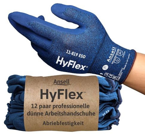 Ansell HyFlex 11-819 Dünne Arbeitshandschuhe, Rutschfeste Nitril-Beschichtung, Schutzhandschuhe vor Elektrostatischen Entladungen, Antistatisch, TouchScreen, Blau, Größe L (12 Paar)
