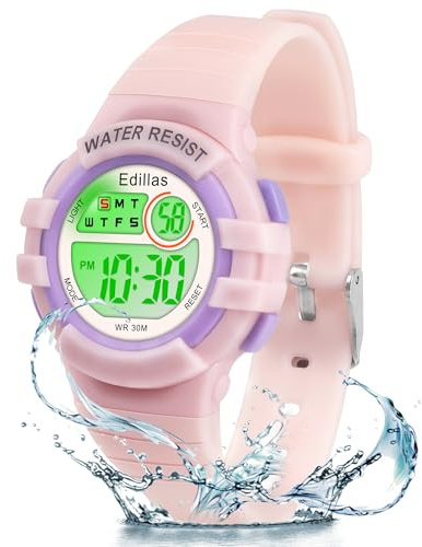Edillas Kids Digital Watch with 7 Color LED Light, Kids Toys Wristwatch, Children's Jewelry,School Gifts for Boys Girls, Built-in Battery, Long Lasting Batteries. (pink-8206)