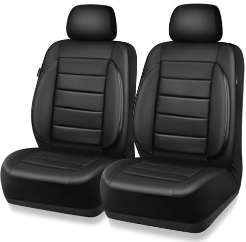 CAR PASS Faux Leather Car Seat Covers Front Seats Only, 3D Foam Support Car Seat Covers, Universal fit for Trucks Vans SUVs Sedans Automotive Comfortable, Airbag Compatible 2 Pieces Front Solid Black