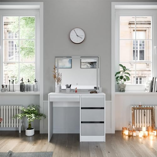 Vicco Schminktisch Sherry, Weiß Hochglanz, 90 cm | mit LED-Spiegel, mit LED-Beleuchtung und passendem Sitzhocker