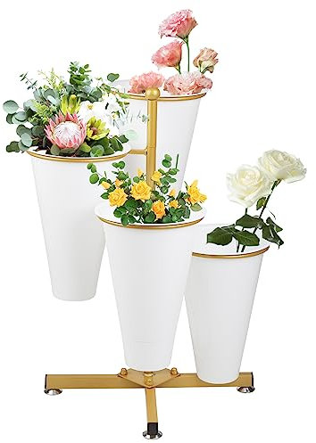 Flower Display Stand with 4 Bucket,Floral Stand with Foldable Frame for Silk Fresh Flowers,4 Tier Florist Shelf Plant Cart for flower shop Garden Living Room,Easy to Install (Gold Shelf+ White Bucket)