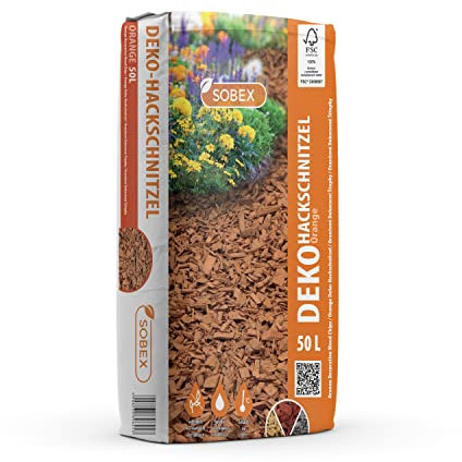 S&Garden Deko Hackschnitzel aus Kiefer - Dekorative Holzschnitzel - Rindenmulch für Garten - Besseres Wasserrückhaltevermögen - Verhindert Unkrautwuchs - Hält den Boden Feucht - 50l - Orange - 1 Stück