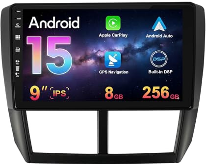 8G +256G 2 Din Für Subaru Foreste/Impreza WRX STI 2008–2014 Android 15 Autoradio Stereo 9 Zoll IPS mit GPS, BT, Carplay, Android Auto, Mirror Link, DSP, Radio AM/FM/RDS, WLAN 4G, USB, DAB,Kamera