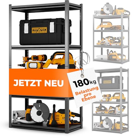 STEELmania Schwerlastregal - Leichter, schneller Aufbau [Ultra stabil] Metallregal schwarz mit Vier Ebenen - Vorratsregal Lagerregal Kellerregal I Jetzt Regal wählen 122x86x45