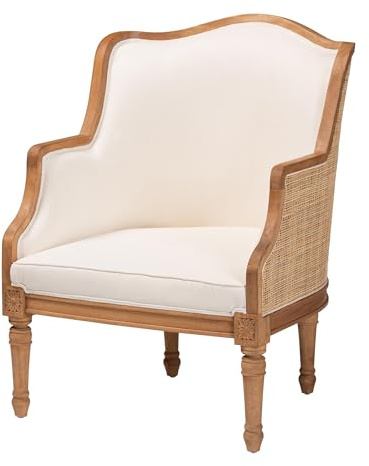 Bali & pari Elizette Beige Fabric Upholstered and Honey Oak Finished Armchair with Natural Rattan Woven Accents