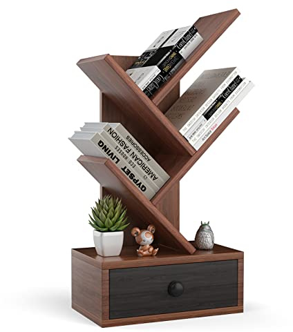 COSTWAY Bokhylla trädform, trähylla med låda, bokhylla på bordet och golvet, CD- och DVD-hylla, liten hylla för arbetsrum och kontor 30 x 17,5 x 60 cm (3 våningar, brun)